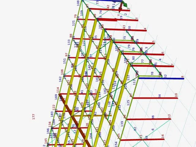 Page 2 of the report: the 3D model of the hall, members coloured by profile.